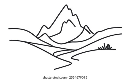 Continuous one line art hand drawn pro vector minimalist mountain illustration.