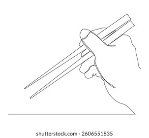 Continuous one line art of hand holds chopsticks. Asian traditional cutlery.