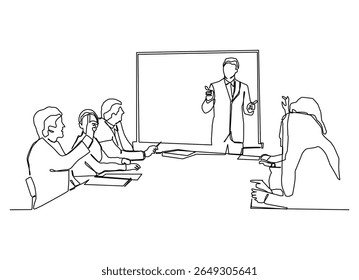 Continuous one line art of happy trainer teaching life skill and interpersonal skill lessons to the young CEOs. Business training and meeting concept.	
