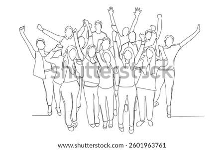 Continuous one line art of happy cheerful crowd of people.