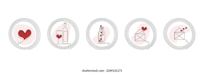 Continuous one line art of heart, glass with heart, bottle with hearts, envelope with heart
