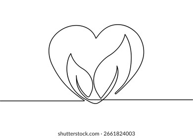 Continuous one line art of heart and leaf in minimal design isolated vector outline illustration