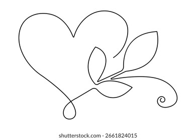 Arte continuo de una línea de corazón y hoja en diseño mínimo ilustración de contorno de Vector aislado