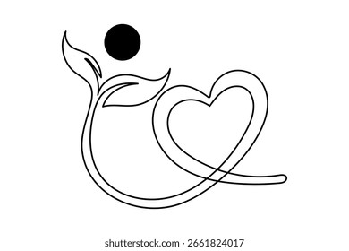 Continuous one line art of heart and leaf in minimal design isolated vector outline illustration