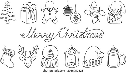 Continuous one line art holidays elements set. Linear style and hand-drawn logo. Merry Christmas and Happy New Year concept.