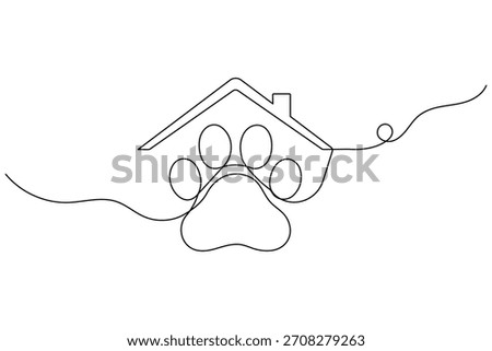 Continuous one line art of a house and pet paw print combined, symbolizing animal care