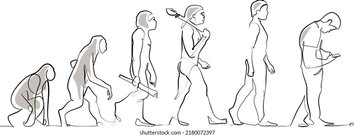 Continuous one Line Art: Human Evolution to a mobile phone user svg
