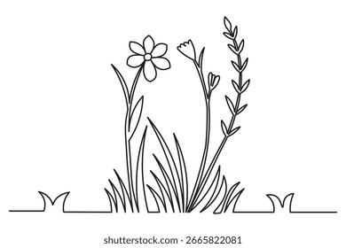 Continuous one line art illustration featuring grass and flower