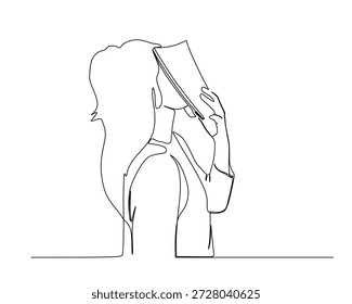 Continuous one line art illustration of a woman deeply engrossed in reading a book, emphasizing focus and knowledge