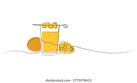 Continuous one line art illustration of mango juice in a glass with skewered mango cubes, whole mango, and diced mango with yellow color fill on white background. Modern Vector for Bar Menu.