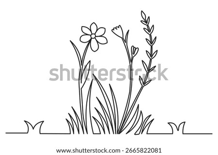 Continuous one line art illustration featuring grass and flower