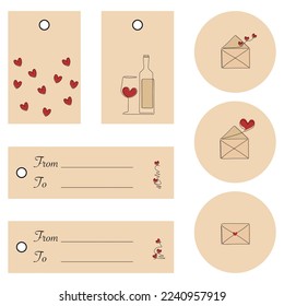 Continuous one line art of images with envelopes, hearts, bottle, glass