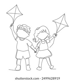 Continuous one line art of kids couple with kite flying