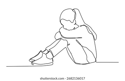 contínua uma linha arte de crianças estão sentadas triste ilustração vetorial.	
