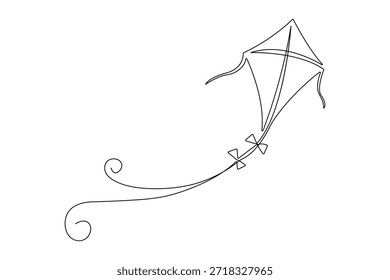 Continuous one  line art of a kite with string in minimalist outline style for logo or icon