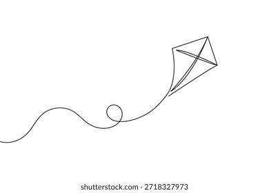 Continuous one  line art of a kite with string in minimalist outline style for logo or icon
