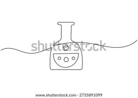 Continuous one line art of a laboratory flask with a flower and circles
