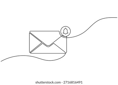 Arte continuo de una línea de un sobre de correo con un símbolo de campana de notificación para mensaje Nuevo