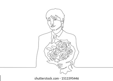 Continuous one line art man holds out a bouquet to the viewer. Attractive handsome man in a suit smiling on a white background. Black line drawing