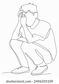 Arte continuo de una línea del hombre con las manos en la cabeza.