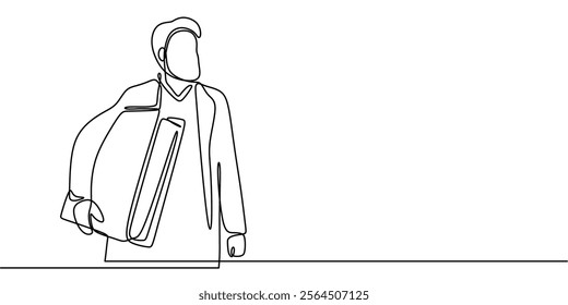 Continuous one line art of a man carrying a large bag. Representing hard work, dedication, and the effort to achieve personal goals. Vector illustration minimalist hand drawn.