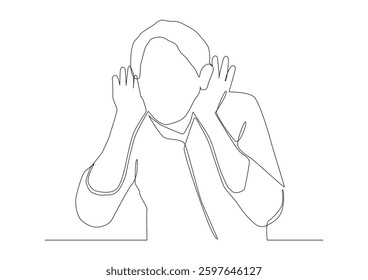 Continuous one line art of a man who put his hand to his ear to hear better. Hearing problems, eavesdropping on gossip, poor communication. It can be used for animation.