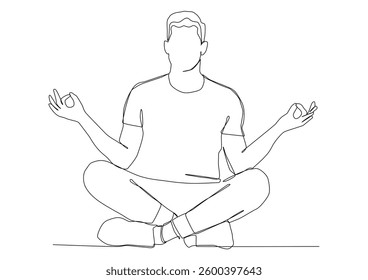 Continuous one line art of man sitting in a pose for meditation and breathing practices, relaxation concept, yoga class, calmness, simple physical activity.