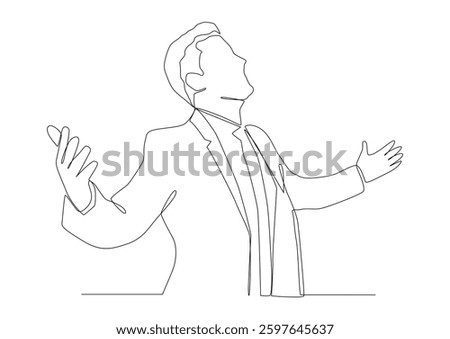 Continuous one line art of man spread his arms to the sides like bird or airplane face pointing up.