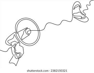 Continuous one line art megaphone. Silhouette loudspeaker, horn speaker. Attention, offer, promotion or alert announcement Vector outline linear symbol. Marketing banner. Graphic hand drawing.