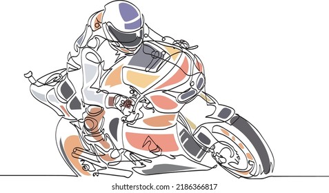 Continuous one Line Art minimalist: motorcycle race turning panning racing
