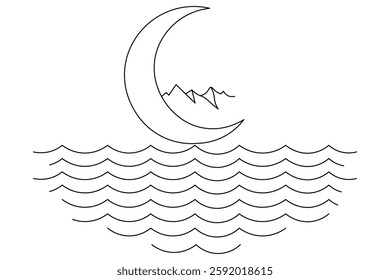 Continuous one line art of moon icon ramadan isolated outline vector drawing illustration
