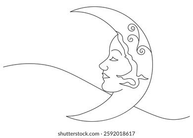 Continuous one line art of moon icon ramadan isolated outline vector drawing illustration

