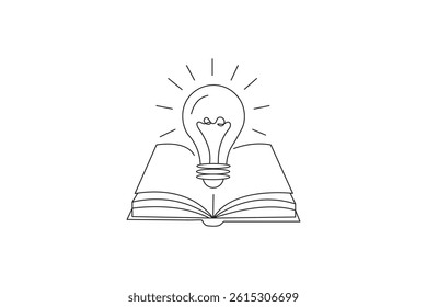 Continuous one line art of open book with glowing light bulb symbolizing knowledge and ideas