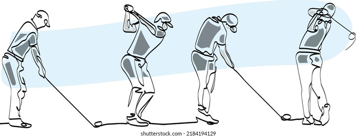 Continuous One Line Art: Perfect Golf Swing slow motion, hitting golf balll with driver on tee on golf course, vector art