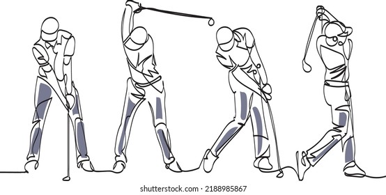 Continuous One Line Art Perfect Golf Swing slow motion, hitting golf balll with driver on tee on golf course vector art