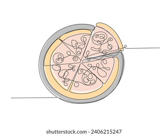Continuous one line art pizza isolated vector illustration on white background.