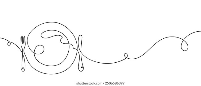 Arte continuo de una línea de placa, cuchillo y tenedor. Diseño del dibujo de la mano del concepto del restaurante en fondo transparente
