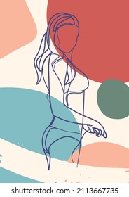 Continuous one line art poster of woman body in bikini. Young girl beauty minimalist.