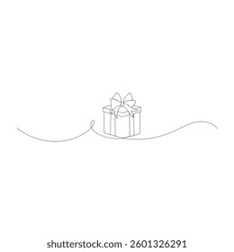Continuous one line art of Present or gift box. Present box with ribbon and bow outline vector illustration