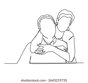 Continuous one line art of senior couple hugging, elderly man and woman in love.	
