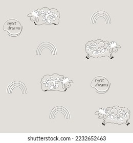 Continuous one line art of sheep character, rainbow and text