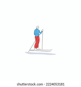 Continuous one line art of skier stands in the snow