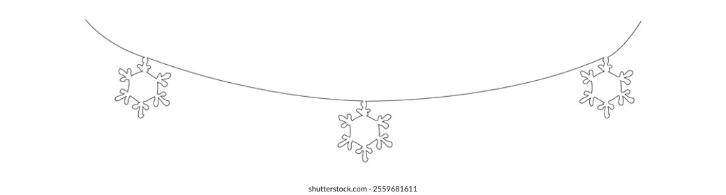Continuous one line art of snowflakes in winter on white background. Hand drawn illustration of snowflakes. Snowflakes buntings minimal single line art.
