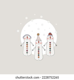 Continuous one line art of snowmen characters portraits with snow Christmas greeting card