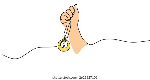 Continuous One Line Art Star Medal Award Hand. Achievement winner symbol minimalist vector illustration icon art.