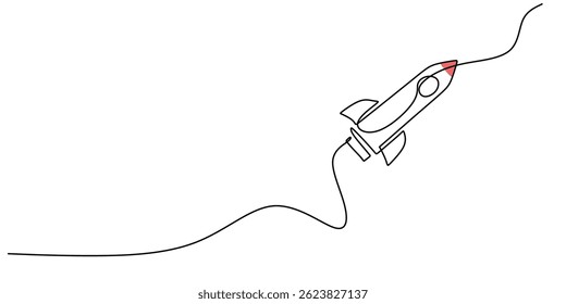 Continuous One Line Art Startup Launch Rocket. Business growth success ambition minimalist vector illustration icon.