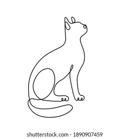Continuous one line art style. Cat sitting with curled tail. Sitting cat drawing using single one line drawing. Isolated on white background.hand drawn minimalism style vector illustration