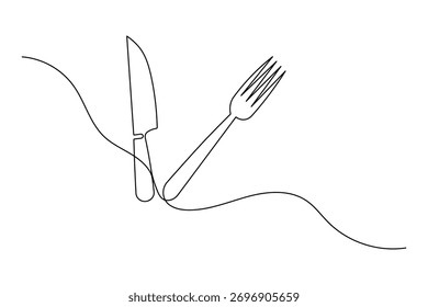 Arte continuo de una línea de vajilla set plato cuchara tenedor y cuchillo ilustración