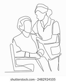 Continuous one line art of talking a nurse and a patient, vector illustration.