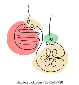 Continuous one line art two christmas balls. Linear style and hand-drawn logo. Merry Christmas and Happy New Year concept.
